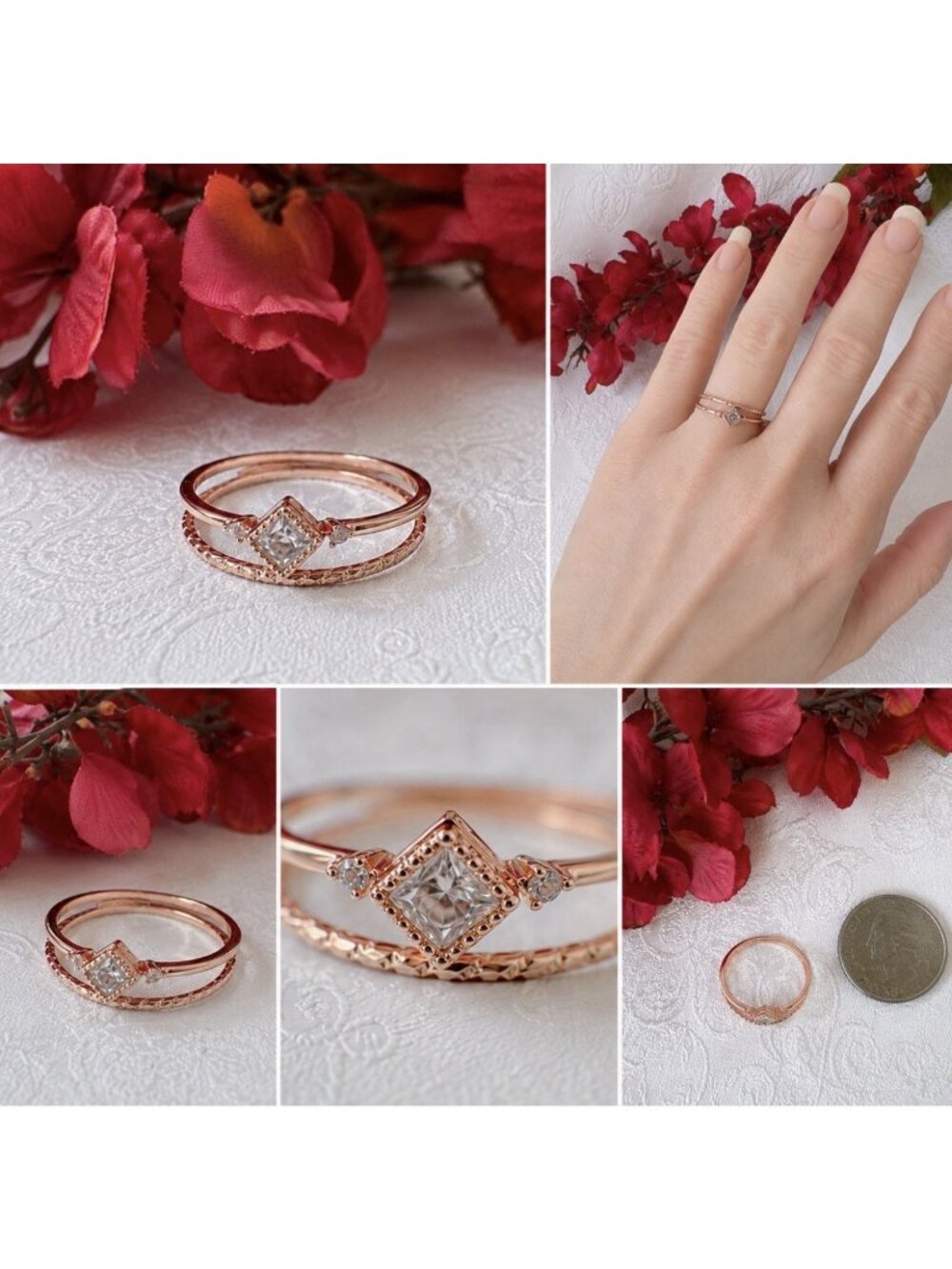 LC Lauren Conrad 2 Band Ring Accent Nickel Free Rose Gold CZ  Size 7 Dainty NWT